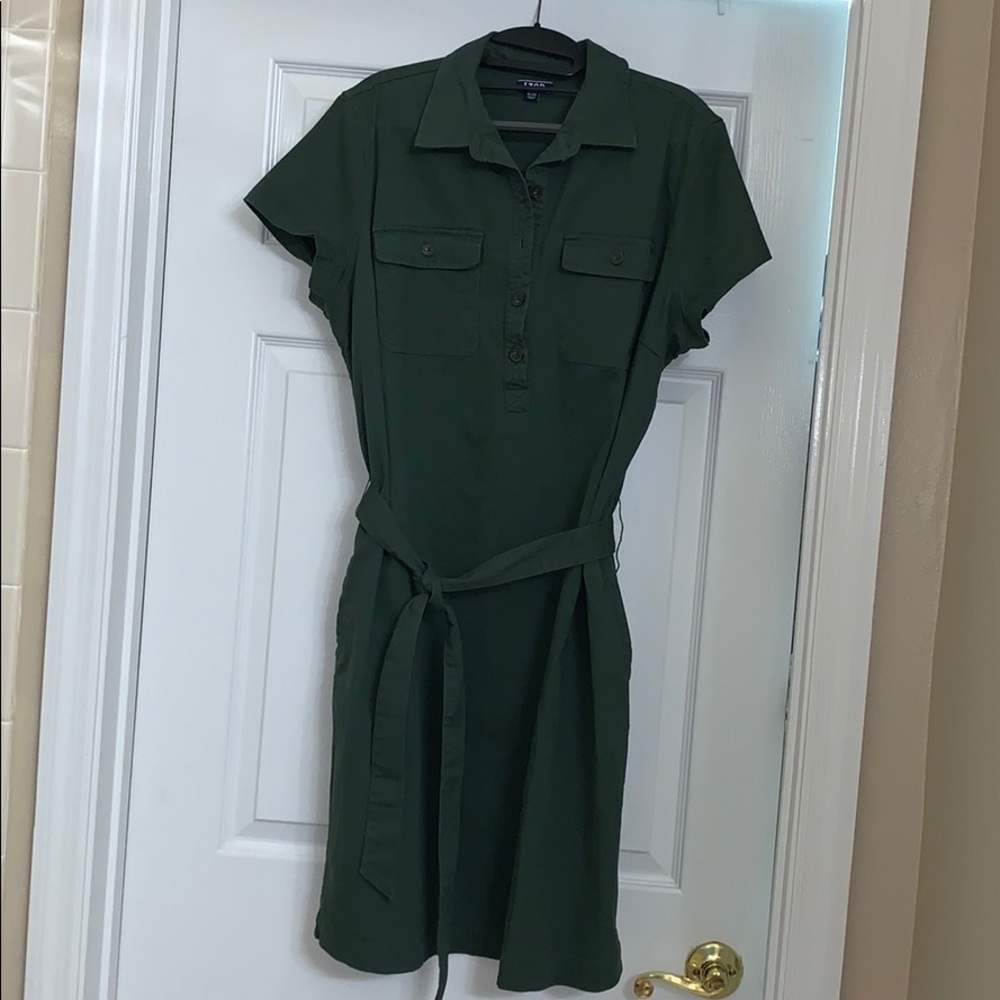 Olive Green Short-Sleeve Midi Shirt Dress with Tie Belt